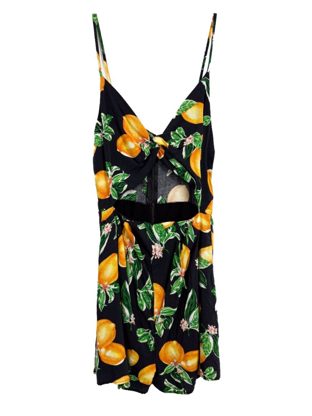Kimchi Blue Womens Lemon Print Cutout Tie Bust Romper Black Yellow Size XS